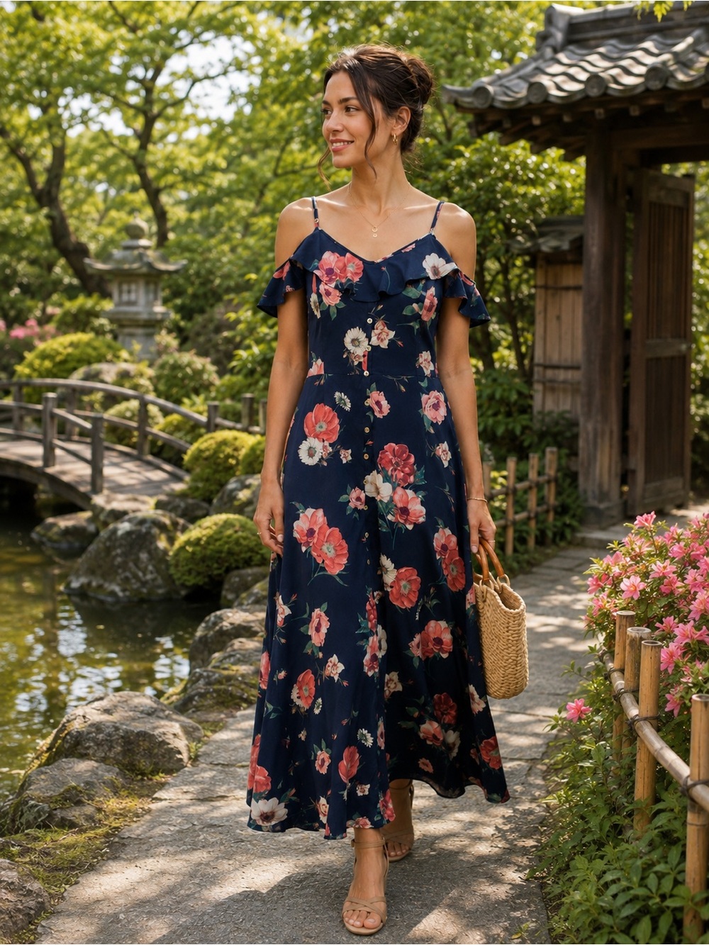 Altr’d State Floral Maxi Dress Medium Navy Ruffle Cold Shoulder Mother of Pearl